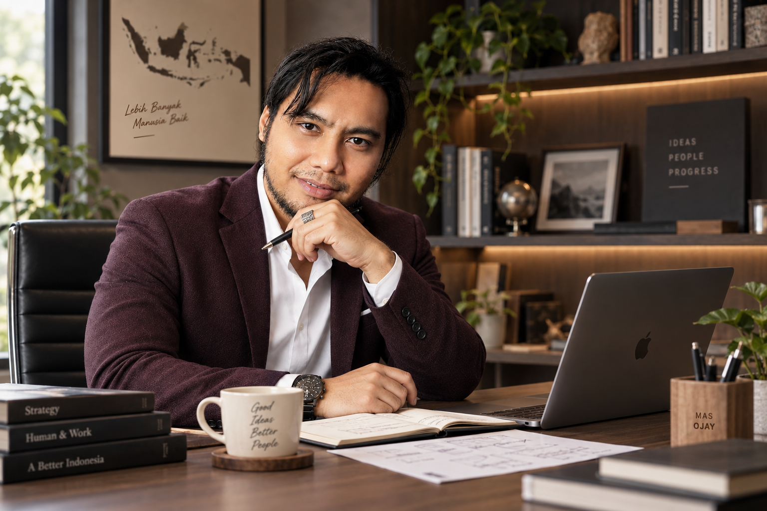 Mas Ojay membaca catatan dan materi bisnis